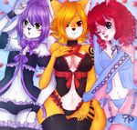  anthro bulge canine clothed clothing corset crossdressing feline female fox garter girly group half-closed_eyes invalid_tag legwear looking_at_viewer male mammal navel one_eye_closed open_mouth panties priincessu skimpy smile standing stripes teeth thigh_highs tongue underwear wide_hips 