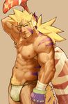  blonde_hair clothed clothing fundoshi fur hair half-dressed hi_res japanese_clothing long_hair looking_at_viewer markings muscular nipples pockyrumz simple_background smile solo top_less underwear weapon 