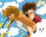  ;d back-to-back blonde_hair blue_sky brown_hair cloud day denim green_eyes jeans kitahara_yuuki leo_aiolia locked_arms male_focus multiple_boys oldschool one_eye_closed open_mouth pants pegasus_seiya rainbow saint_seiya sky smile spiked_hair star tank_top wristband 