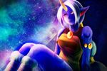  blue_skin horn league_of_legends mizoreame pointy_ears ponytail sitting solo soraka white_hair 