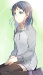  aki_(neyuki41028) blue_eyes blue_hair braid dress hiradaira_chisaki nagi_no_asukara short_hair sitting solo sweater sweater_dress thighhighs wariza 
