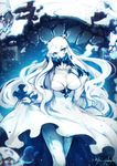  artist_name blue_eyes breasts cleavage covered_mouth dress horns kantai_collection kyouya_(mukuro238) large_breasts long_hair midway_hime pale_skin shinkaisei-kan solo veins very_long_hair white_dress white_hair white_skin 