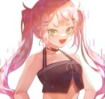  1girl bangs black_camisole black_choker breasts camisole choker chromatic_aberration cleavage collarbone crop_top fang glitch green_eyes halterneck highres hololive karupisusawa looking_at_viewer medium_breasts open_mouth purple_hair skin_fang smile solo tokoyami_towa twintails v-shaped_eyebrows virtual_youtuber 