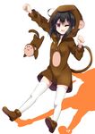  :3 ;d absurdres ahoge amano_kouki animal_costume animal_ears arm_up black_hair breasts brown_footwear clenched_hands collar commentary_request fake_animal_ears fake_tail highres jewelry long_sleeves looking_at_viewer monkey_costume monkey_ears monkey_tail note-chan one_eye_closed open_mouth original purple_eyes shadow shoes simple_background small_breasts smile solo tail thighhighs white_background zettai_ryouiki zipper 