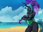  2015 anthro anthrofied beach bikini changeling clothing cloud digital_media_(artwork) fangs female friendship_is_magic green_eyes hair half-closed_eyes holding_object holding_umbrella horn long_hair looking_at_viewer membranous_wings my_little_pony open_mouth outside queen_chrysalis_(mlp) seaside solo swimsuit umbrella water wings zwitterkitsune 