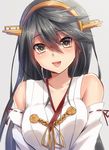  :d bare_shoulders black_hair brown_eyes detached_sleeves hair_between_eyes hairband haruna_(kantai_collection) kantai_collection keita_(tundereyuina) long_hair looking_at_viewer nontraditional_miko open_mouth smile solo 