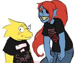  alphys blush duo english_text eye_patch eyewear female glasses hair looking_at_viewer lullabyprince ponytail red_hair text undertale undyne video_games 