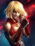  blonde_hair blue_eyes commentary english_commentary exposed_muscle female_titan fighting_stance highres shingeki_no_kyojin short_hair smile solo stef_tastan 