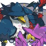  beak bird closed_eyes gen_2_pokemon gen_4_pokemon heart honchkrow mndutrg murkrow no_humans pokemon pokemon_(creature) red_eyes shiny_pokemon sweatdrop talons wings 