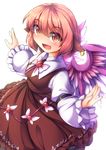 animal_ears bad_id bad_pixiv_id bird_wings brown_dress dress fang fun_bo juliet_sleeves long_sleeves looking_at_viewer mystia_lorelei open_mouth outstretched_arms puffy_sleeves red_eyes red_hair shirt smile solo touhou wings 