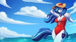 2015 anthro anthrofied armpits big_breasts blue_eyes blue_hair breasts clothing cloud crossgender cutie_mark digital_media_(artwork) equine female friendship_is_magic hair hat horn long_hair mammal multicolored_hair my_little_pony one-piece_swimsuit outside patreon shining_armor_(mlp) sky smile solo swimsuit two_tone_hair unicorn water zwitterkitsune 