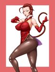  bare_shoulders breasts brown_hair covered_nipples earrings elbow_gloves gloves jewelry large_breasts lipstick looking_at_viewer makeup ml mole mole_under_mouth monkey_tail original pantyhose red_eyes red_gloves short_hair smile solo tail thighs 