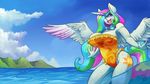  2015 anthro anthrofied armpits big_breasts breasts clothing cutie_mark digital_media_(artwork) equine eyewear feathered_wings feathers female friendship_is_magic goggles hair hair_over_eye horn long_hair mammal multicolored_hair my_little_pony one-piece_swimsuit open_mouth outside patreon princess_celestia_(mlp) purple_eyes solo spread_wings swimsuit tongue water winged_unicorn wings zwitterkitsune 