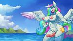  2015 animal_genitalia anthro anthrofied areola big_breasts breasts cutie_mark dickgirl digital_media_(artwork) equine equine_penis erection eyewear feathered_wings feathers friendship_is_magic goggles hair hair_over_eye horn intersex long_hair mammal multicolored_hair my_little_pony nipples nude open_mouth outside patreon penis princess_celestia_(mlp) solo vein water winged_unicorn wings zwitterkitsune 