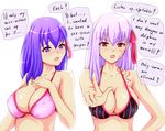  bikini blush breasts dark_persona dark_sakura dual_persona english fate/stay_night fate_(series) finger_wagging hair_ribbon hand_on_own_chest index_finger_raised ixmmxi large_breasts long_hair looking_at_another matou_sakura pink_hair purple_eyes purple_hair red_eyes ribbon scolding speech_bubble swimsuit tattoo type-moon upper_body 