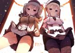  2girls :o anchor_symbol bare_legs beret black_legwear black_panties blonde_hair blue_eyes blush breasts buttons capelet chain closed_mouth cowboy_shot cross double-breasted epaulettes from_below front-seamed_legwear gloves graf_zeppelin_(kantai_collection) grey_hair hair_between_eyes hat impossible_clothes jacket kantai_collection kashima_(kantai_collection) kerchief large_breasts lifted_by_self long_hair long_sleeves looking_at_viewer military military_uniform miniskirt multiple_girls necktie panties panties_under_pantyhose pantyhose peaked_cap pleated_skirt rizky_(strated) seamed_legwear skirt skirt_lift twintails two_side_up underwear uniform white_background white_gloves 