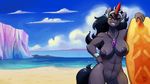  2015 abs anthro anthrofied beach big_breasts black_hair breasts crossgender digital_media_(artwork) equine eyelashes fangs female friendship_is_magic green_sclera grin hair horn huge_breasts jewelry king_sombra_(mlp) long_hair looking_at_viewer mammal muscular muscular_female my_little_pony navel necklace nude outside pussy red_eyes seaside smile solo surfboard unicorn zwitterkitsune 