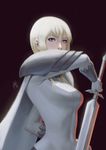  absurdres armor artist_name blonde_hair blue_eyes bodysuit cape carlo_montie claymore claymore_(sword) flora_(claymore) highres looking_at_viewer solo star sword weapon 