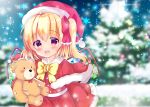  1girl :d bangs blonde_hair blurry blurry_background blush bow capelet christmas christmas_ornaments christmas_tree commentary_request crystal depth_of_field eyebrows_visible_through_hair flandre_scarlet fur-trimmed_capelet fur_trim hair_between_eyes hair_bow hat holding holding_stuffed_animal long_hair looking_at_viewer one_side_up open_mouth red_bow red_capelet red_eyes red_hat red_shirt red_skirt rikatan santa_costume santa_hat shirt skirt smile snowflakes solo stuffed_animal stuffed_toy teddy_bear touhou wings 