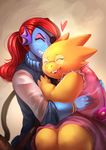  &lt;3 2015 alphys anthro blue_scales blush bracelet carrying clothing dress duo eye_patch eyes_closed eyewear female fish gills glasses hug jacket jewelry lizard marine ocaritna purse red_hairs reptile scales scalie sharp_teeth simple_background teeth undertale undyne video_games yellow_scales 