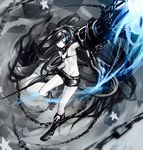  absurdres arm_cannon armpits belt bikini_top black_footwear black_hair black_rock_shooter black_rock_shooter_(character) blue_eyes boots breasts burning_eye chain commentary_request deluxe&lt;&lt;&lt; full_body highres katana knee_boots long_hair midriff navel pale_skin scar shorts small_breasts solo sword twintails uneven_twintails very_long_hair weapon 