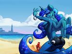  2015 anthro anthrofied beach blue_eyes blue_hair bracelet butt cloud cutie_mark digital_media_(artwork) equine feathered_wings feathers female friendship_is_magic hair horn jewelry kneeling long_hair looking_at_viewer mammal my_little_pony nude outside patreon princess_luna_(mlp) seaside smile solo winged_unicorn wings zwitterkitsune 