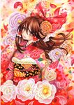  bow brown_eyes brown_hair colored_pencil_(medium) dated flower hair_bow hair_tubes hakurei_reimu japanese_clothes kimono long_sleeves looking_at_viewer mosho new_year obi open_mouth petals sash signature smile solo touhou traditional_media watercolor_(medium) wide_sleeves 
