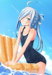  1girl ahoge asashimo_(kantai_collection) bare_shoulders blush cloud collarbone day grin hair_over_one_eye kantai_collection long_hair looking_at_viewer one-piece_swimsuit ponytail school_swimsuit silver_eyes silver_hair sky smile solo swimsuit v_arms water wet wet_clothes wet_swimsuit 