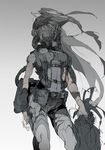  contrapposto demizu_posuka gradient gradient_background greyscale harness helmet long_hair looking_at_viewer looking_down mask military military_operator monochrome navel oxygen_mask oxygen_tank sketch solo standing 