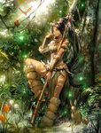  bird black_hair breasts bug bunny butterfly dark_skin facial_mark flower forehead_mark green_eyes insect komecchi league_of_legends long_hair medium_breasts nidalee open_mouth plant polearm ponytail solo spear standing tree tribal tulip vines weapon 