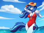  2015 anthro anthrofied armpits big_breasts blue_eyes blue_hair breasts clothing cloud crossgender cutie_mark digital_media_(artwork) equine female friendship_is_magic hair hat horn long_hair mammal multicolored_hair my_little_pony one-piece_swimsuit outside patreon shining_armor_(mlp) sky smile solo swimsuit two_tone_hair unicorn water zwitterkitsune 
