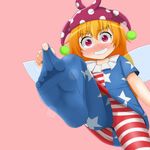  clownpiece crazy_eyes crazy_smile from_below grin haiiroguma hat highres jester_cap looking_at_viewer narrowed_eyes pantyhose smile soles solo steam stepping touhou 
