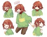  ^_^ androgynous bad_id bad_tumblr_id blush blush_stickers brown_hair chara_(undertale) character_sheet closed_eyes crazy_eyes english evil_smile expressions hair_between_eyes heart heart_necklace jewelry koyashaka long_sleeves looking_at_viewer looking_away multiple_views naughty_face necklace open_mouth puffy_long_sleeves puffy_sleeves red_eyes shirt simple_background smile speech_bubble spoilers striped striped_shirt teeth undertale white_background 