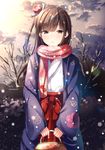  bare_tree brown_eyes brown_hair floral_print highres japanese_clothes long_hair looking_at_viewer miko morerin original scarf snowing solo tree 