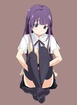  apron blush convenient_leg feet full_body hands_under_legs ixy long_hair looking_at_viewer purple_eyes purple_hair simple_background sitting skirt solo thighhighs waitress working!! yamada_aoi 
