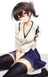  blush breasts brown_eyes brown_hair cleavage hair_between_eyes japanese_clothes kaga_(kantai_collection) kantai_collection keita_(tundereyuina) large_breasts long_hair side_ponytail skirt solo thighhighs 