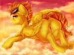 2016 anus butt cloud cloudscape digital_media_(artwork) dimwitdog equine eyewear feathered_wings feathers female feral friendship_is_magic fur goggles hair half-closed_eyes hooves looking_at_viewer lying mammal my_little_pony on_cloud on_front orange_hair outside patreon pegasus pussy sky solo spitfire_(mlp) underhoof wings wonderbolts_(mlp) yellow_fur 