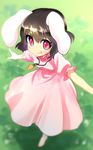  animal_ears barefoot black_hair bunny_ears carrot dress grin highres inaba_tewi jewelry outstretched_arms pendant pink_dress red_eyes shiya short_hair smile smirk solo touhou 