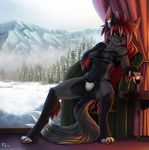 alcohol anthro beverage breasts chair clothing female fluff-kevlar food forest hair heterochromia invalid_background mountain nytro panties red_hair scar snow talia tree under_boob underwear wine 