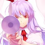  aiming_at_viewer animal_ears bunny_ears closed_mouth face kaiza_(rider000) lavender_hair long_hair looking_at_viewer lunatic_gun necktie puffy_sleeves red_eyes reisen_udongein_inaba shirt short_sleeves simple_background smile solo touhou white_background 