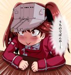  blush brown_hair commentary_request desk kantai_collection magatama red_eyes ryuujou_(kantai_collection) solo translated twintails visor_cap wavy_mouth yukinojou_yakan 