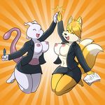  2016 anthro areola big_breasts breasts canine clothed clothing crossgender crossover digital_media_(artwork) duo erect_nipples eyes_closed female fur hair half-dressed jacket legendary_pok&eacute;mon lonbluewolf mammal mewtwo miles_prower multiple_tails navel nintendo nipples open_jacket open_mouth pok&eacute;mon smile sonic_(series) tongue uniform video_games 