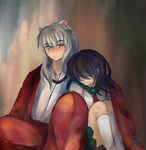  1girl 2015 animal_ears aying-h black_hair blush closed_eyes dated dog_ears hair_between_eyes hetero higurashi_kagome inuyasha inuyasha_(character) jewelry kneehighs leaning_on_person long_hair necklace pearl_necklace shared_clothes signature silver_hair sitting smile white_legwear yellow_eyes 