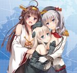  :d antennae bare_shoulders black_gloves blonde_hair breast_grab breasts brown_eyes brown_hair cleavage collarbone detached_sleeves epaulettes from_side girl_sandwich gloves grabbing grey_eyes hat headgear kantai_collection kashima_(kantai_collection) kongou_(kantai_collection) large_breasts long_hair long_sleeves map military military_uniform multiple_girls nakajima_yuka off_shoulder open_clothes open_mouth open_shirt ribbon-trimmed_sleeves ribbon_trim sandwiched shirt silver_hair skirt smile twintails u-511_(kantai_collection) uniform very_long_hair white_gloves wide_sleeves 