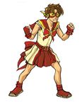  belt boots brooch brown_hair clenched_hands collarbone crossdressing dc_comics fighting_stance fingerless_gloves full_body gloves goggles jewelry kid_flash magical_boy male_focus red_gloves red_skirt shirt simple_background skirt sleeveless sleeveless_shirt solo standing white_background 