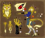  braces breasts claws clothing collar faellin female foot_wraps fur midriff model_sheet pawpads red_eyes sergal skirt smile solo toe_claws wraps yellow_fur 