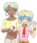  2girls alternate_hairstyle armlet bad_id bad_pixiv_id blonde_hair blue_eyes bracelet braid brush crop_top crossover dark_skin double_bun fukui_yukari fur green_hair gundam gundam_g_no_reconguista jewelry kei-co looking_at_viewer matching_hairstyle midriff multiple_girls navel nia_teppelin raraiya_monday seiyuu_connection smile tengen_toppa_gurren_lagann twin_braids waving white_background 