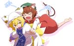  :d animal_ears barefoot blonde_hair blush brown_hair chen closed_eyes dress fang hat long_sleeves mob_cap multiple_girls multiple_tails open_mouth pillow_hat red_dress s_meso short_hair smile tail touhou white_background yakumo_ran 