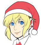  aegis_(persona) artist_request blonde_hair blue_eyes bobblehat christmas closed_mouth collar face hat persona persona_3 red_hat santa_hat simple_background smile solo source_request upper_body white_background 