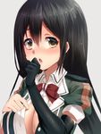  black_gloves black_hair blush breasts brown_eyes chikuma_(kantai_collection) cleavage elbow_gloves gloves kantai_collection keita_(tundereyuina) large_breasts long_hair looking_at_viewer open_clothes open_mouth open_shirt shirt simple_background solo 